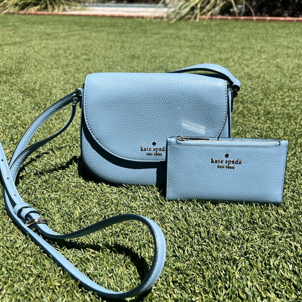 kate spade Light Blue Pebbled Leather Crossbody with Card Wallet